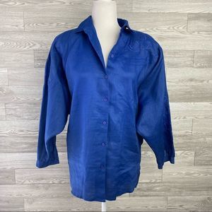 Suzelle Vintage Blue Ramie Embroidered Long Sleeve Button Down Blouse
